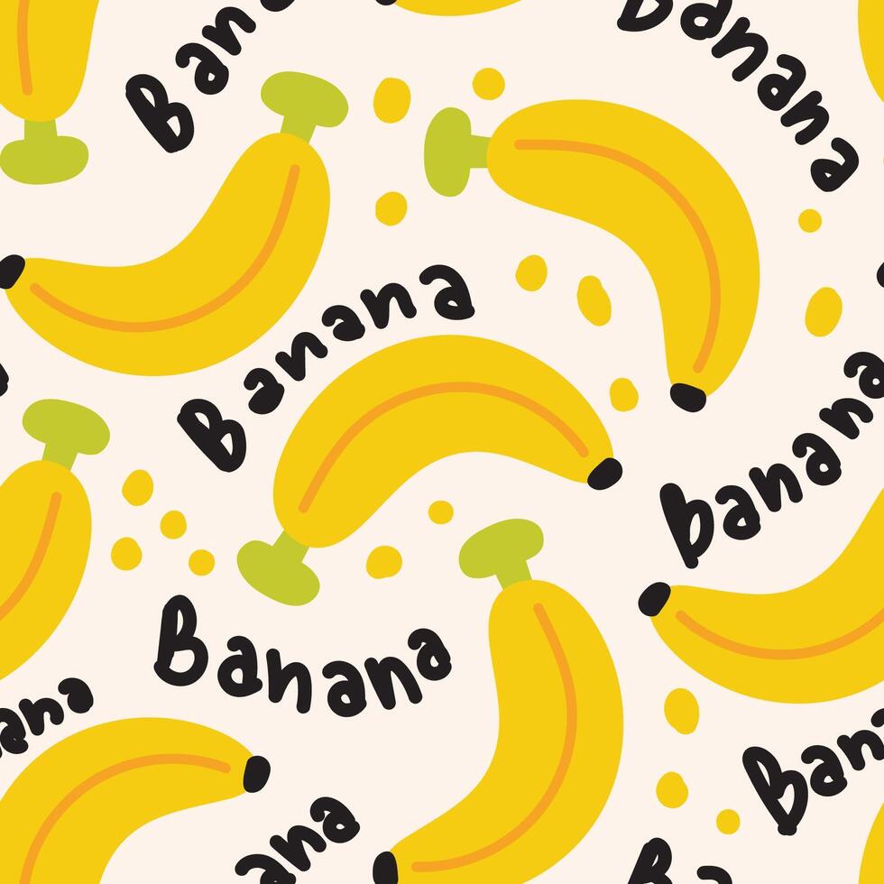 Seamless pattern of cute big banana fruit with text background.Summer fruit.Cartoon hand drawn.Image for card,poster,baby clothing.Kawaii.Vector.illustration. vector