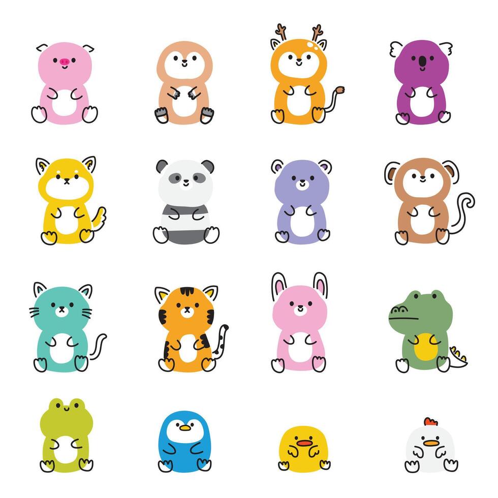 Set of cute animals line hand drawn style in sit poses.Relax.Minimal style.Animal character cartoon design collection.Wild,rodent,pet,reptile,bird.Kawaii.Vector.Illustration vector