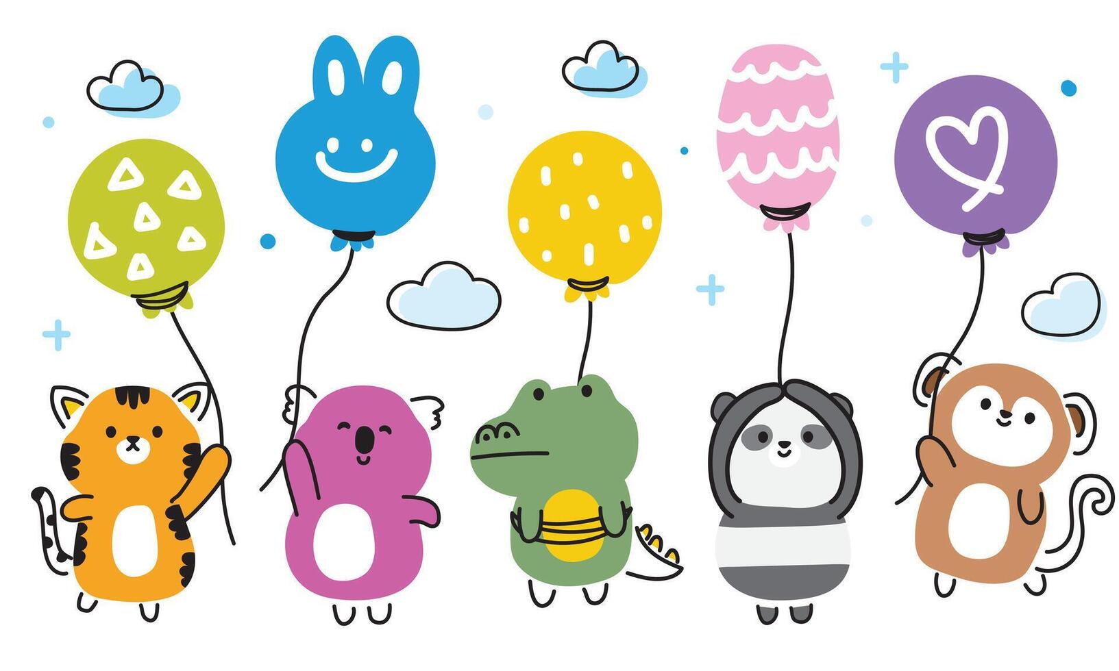 conjunto de linda animales línea mano dibujado estilo sostener vistoso globo en nube cielo fondo.tigre,koala,cocodrilo,panda oso, mono dibujos animados colección.kawaii.vector.ilustracion. vector