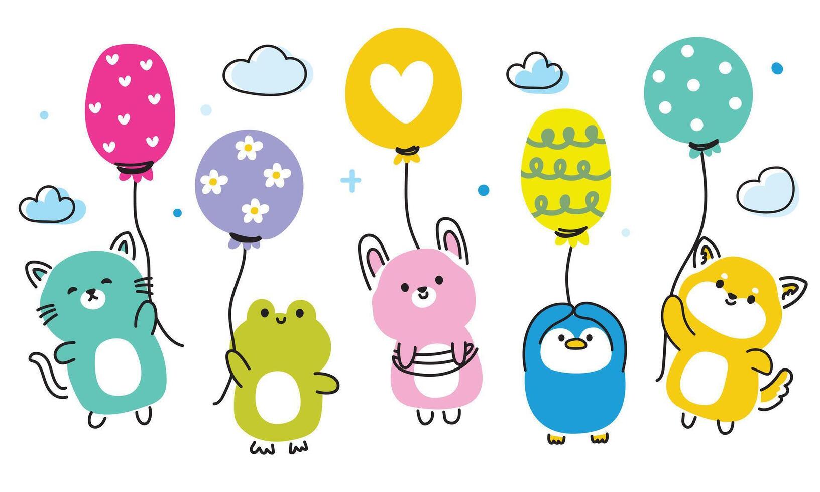 conjunto de linda animales línea mano dibujado estilo sostener vistoso globo en nube cielo background.cat,rana,conejo,pingüino,shiba inu perro dibujos animados colección.kawaii.vector.ilustracion. vector