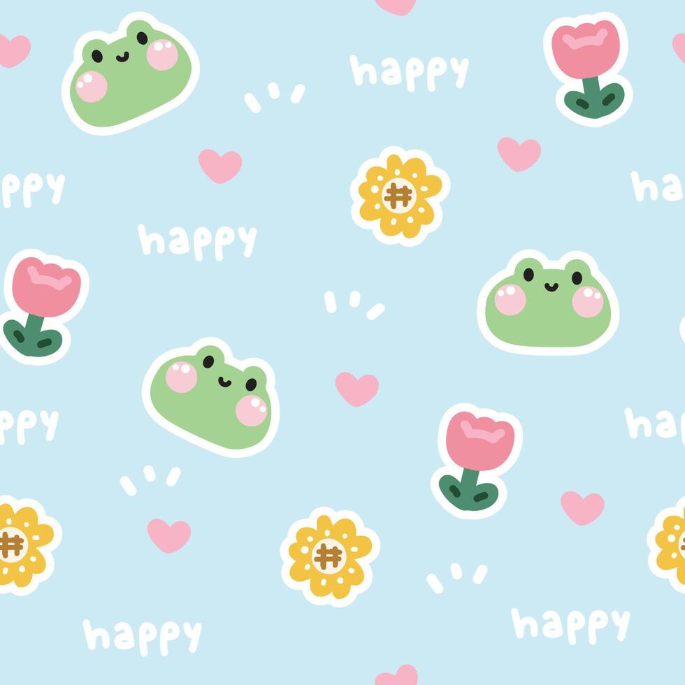 Seamless pattern of cute frog face with flower heart and happy text on pastel background.Reptile animal character cartoon design.Image for card,poster,baby clothing.Kawaii.Vector.Illustration. vector