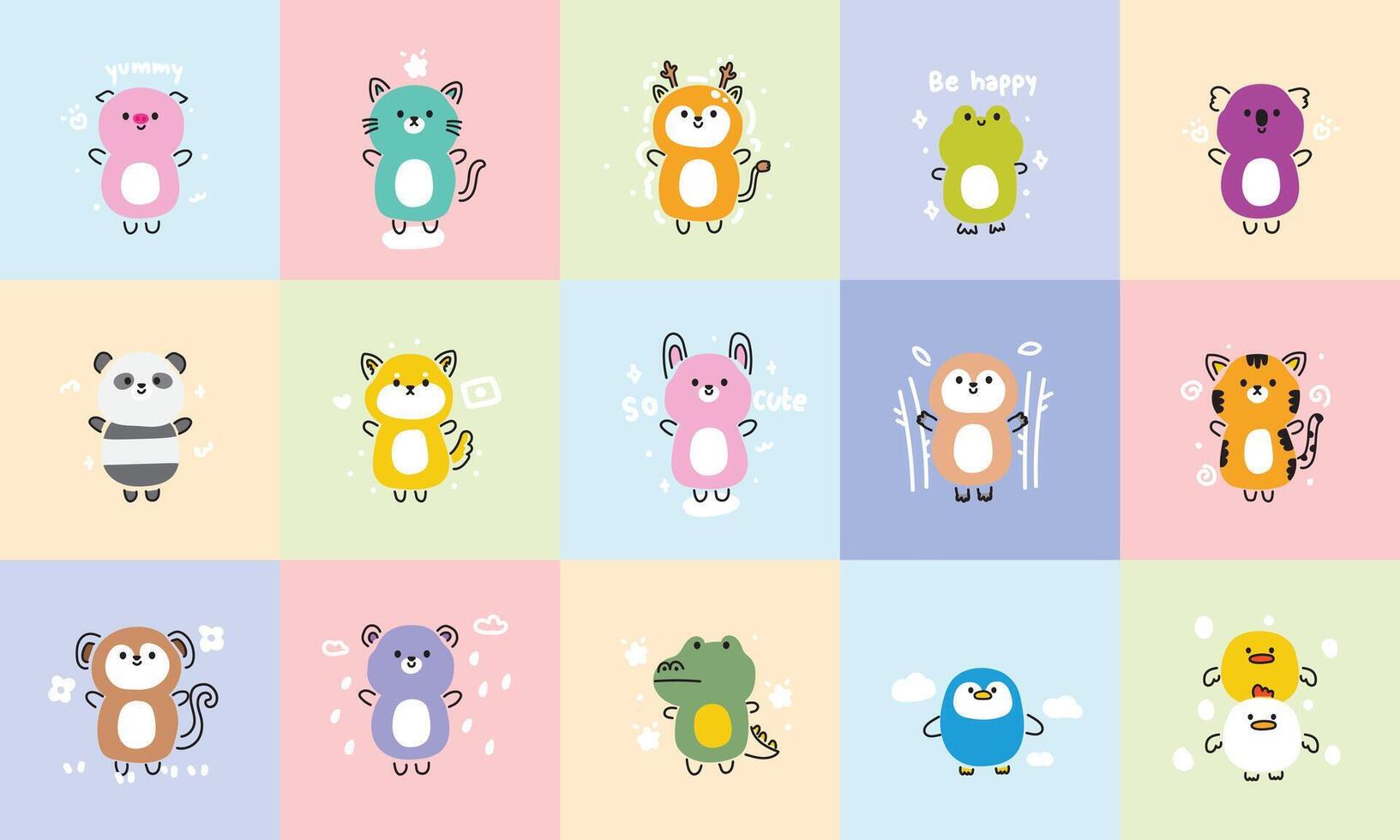 Set of cute animals line hand drawn style stand on pastel background with tiny icon.Animal character cartoon design.Minimal.Baby graphic.Zoo.Kawaii.Vector.Illustration. vector