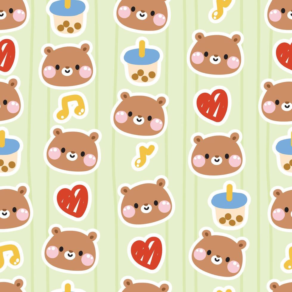 Seamless pattern of cute teddy bear face with heart note and bubble milk tea icon on background.Wild animal character cartoon design.Kawaii.Vector.Illustration. vector