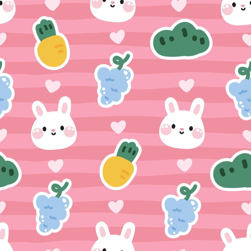 Seamless pattern of cute rabbit face on pink backround.Bunny.Rodent animal cartoon.Carrot,grape,grass,heart hand drawn.Kawaii.Vector.Illustration. vector