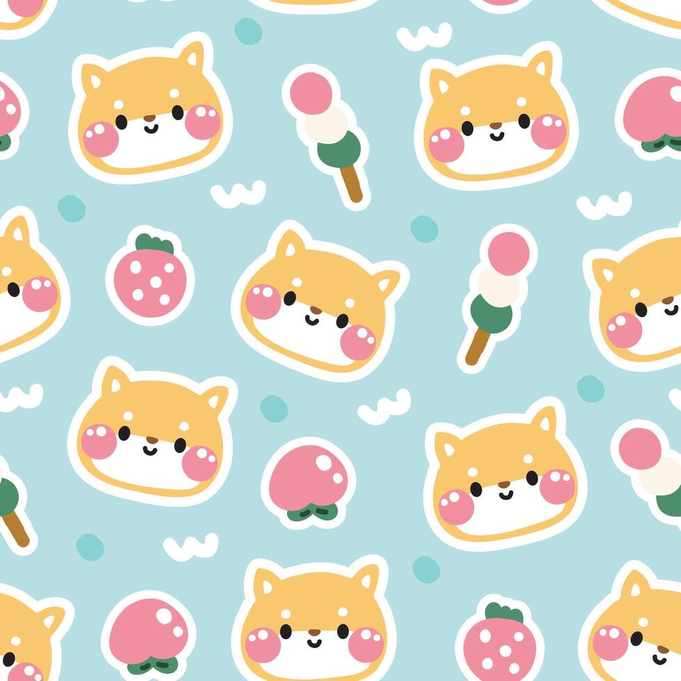 sin costura modelo de linda cara shiba inu perro con dulce y Fruta fondo.mascota animal personaje dibujos animados diseño.japonés Fruta y postre.imagen para Tarjeta, cartel, pegatina, bebé ropa.japón.kawaii. vector