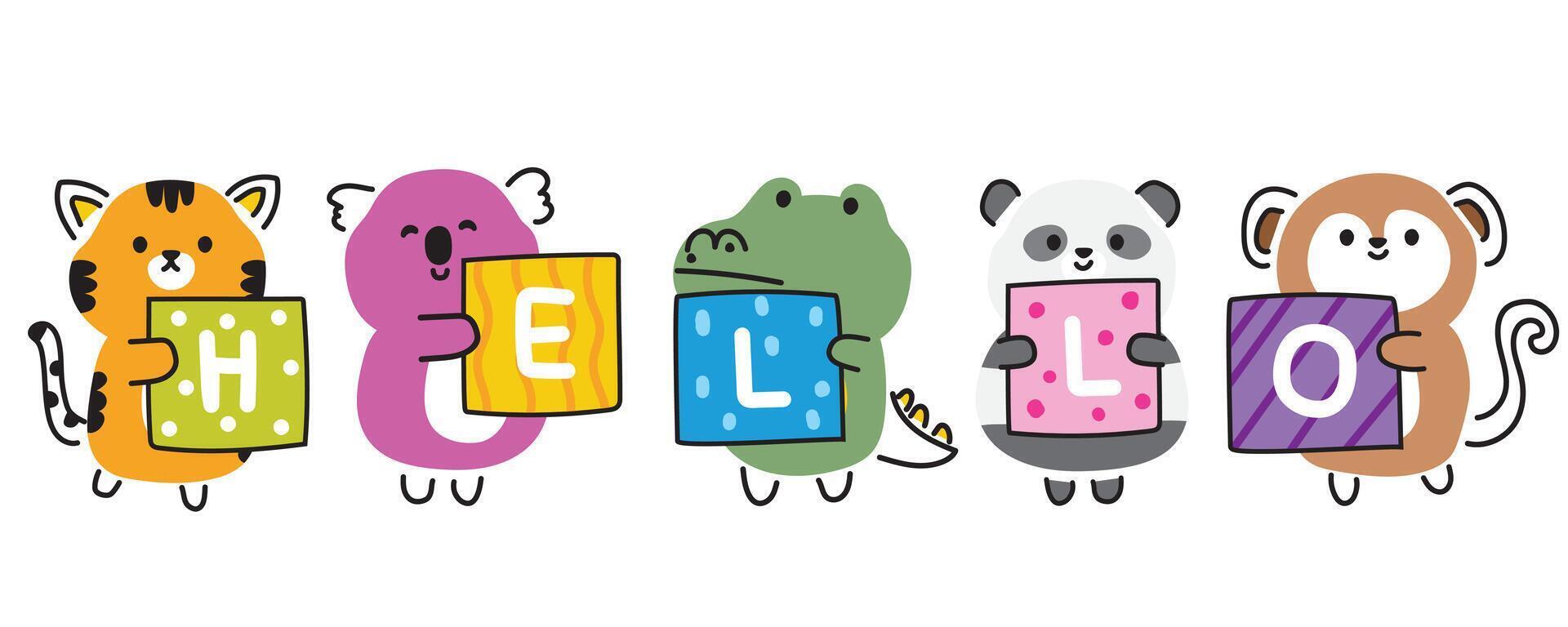 Set of cute animals hold hello text on box.Animals character design collection.Tiger,koala,crocodile,panda bear,monkey hand drawn cartoon.Kawaii.Vector.Illustration. vector