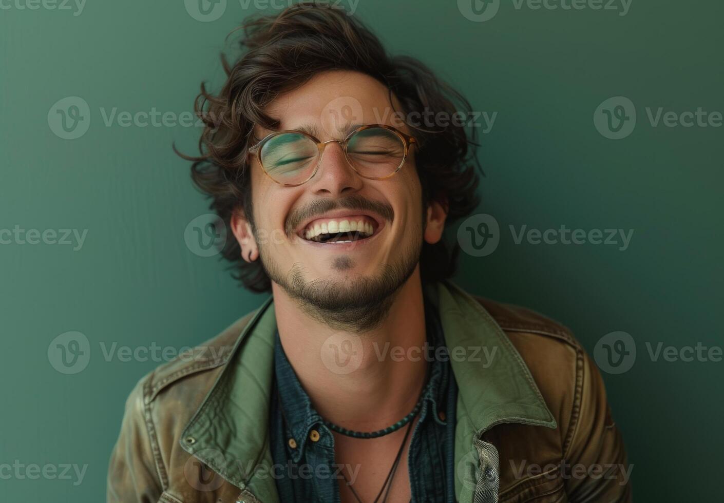 AI generated A man is joyfully laughing and smiling against a white backdrop, people laughing concept photo