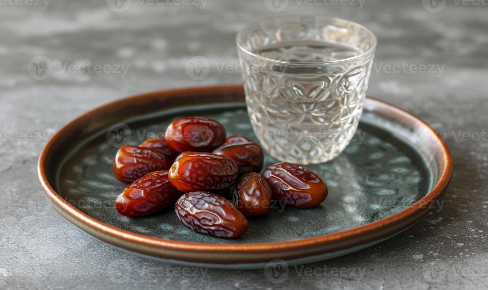 AI generated Dates and water on a plate, islamic traditional clothing concept photo