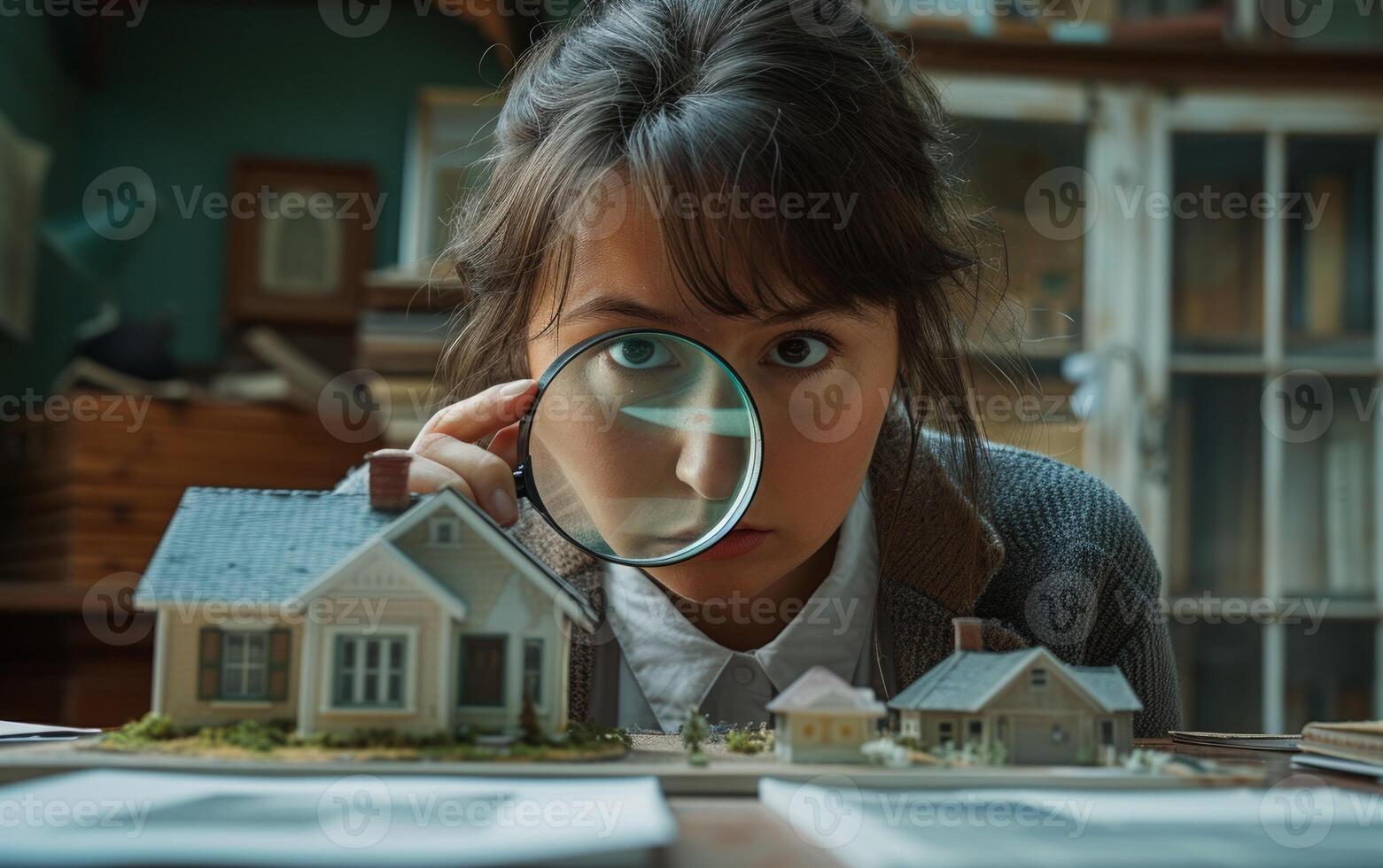 AI generated A woman uses a magnifying glass to inspect a model house on a desk, property exterior inspection concept photo