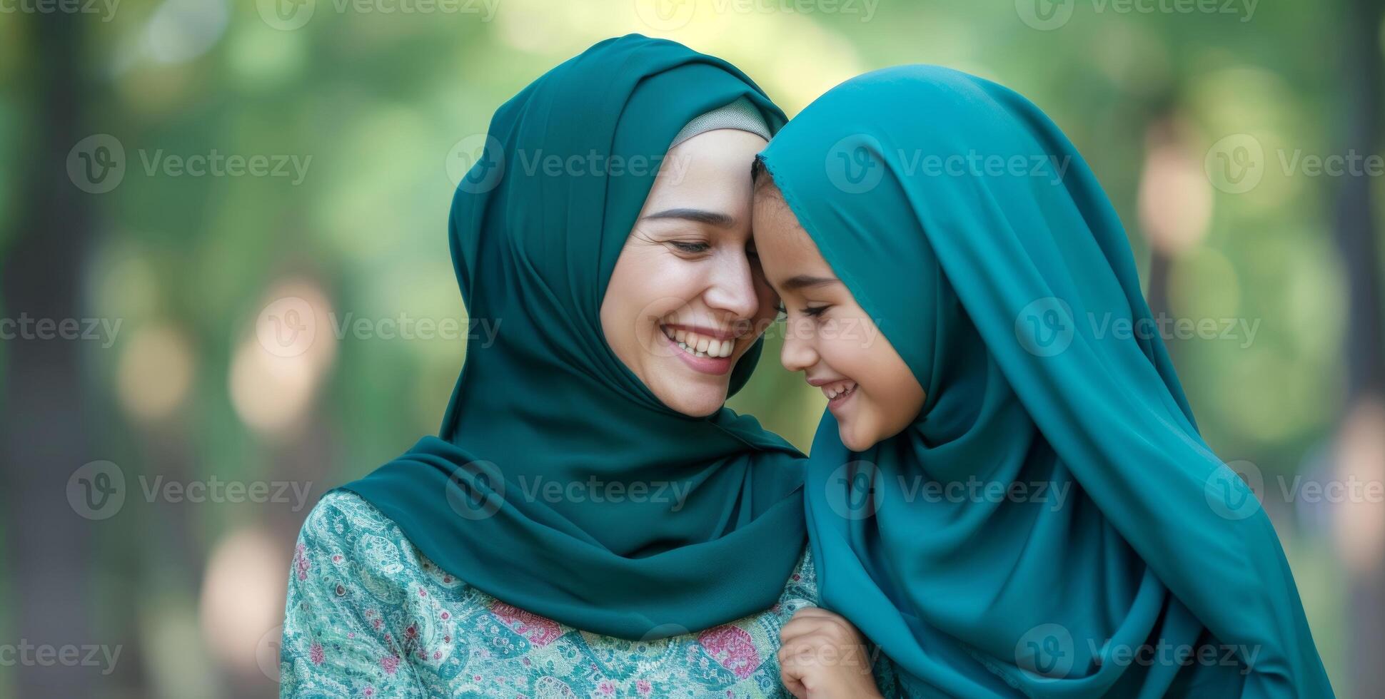 AI generated Mother and daughter smiling wearing hijabs in park, muslim family moments picture photo