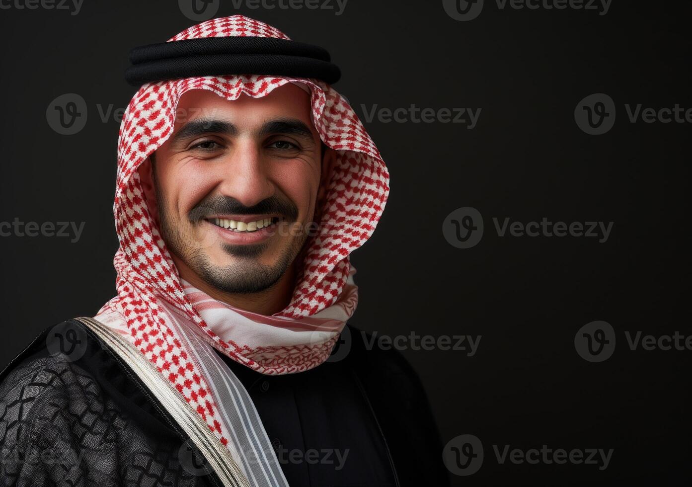 AI generated An arab man smiling against a black background, islamic traditional clothing picture photo