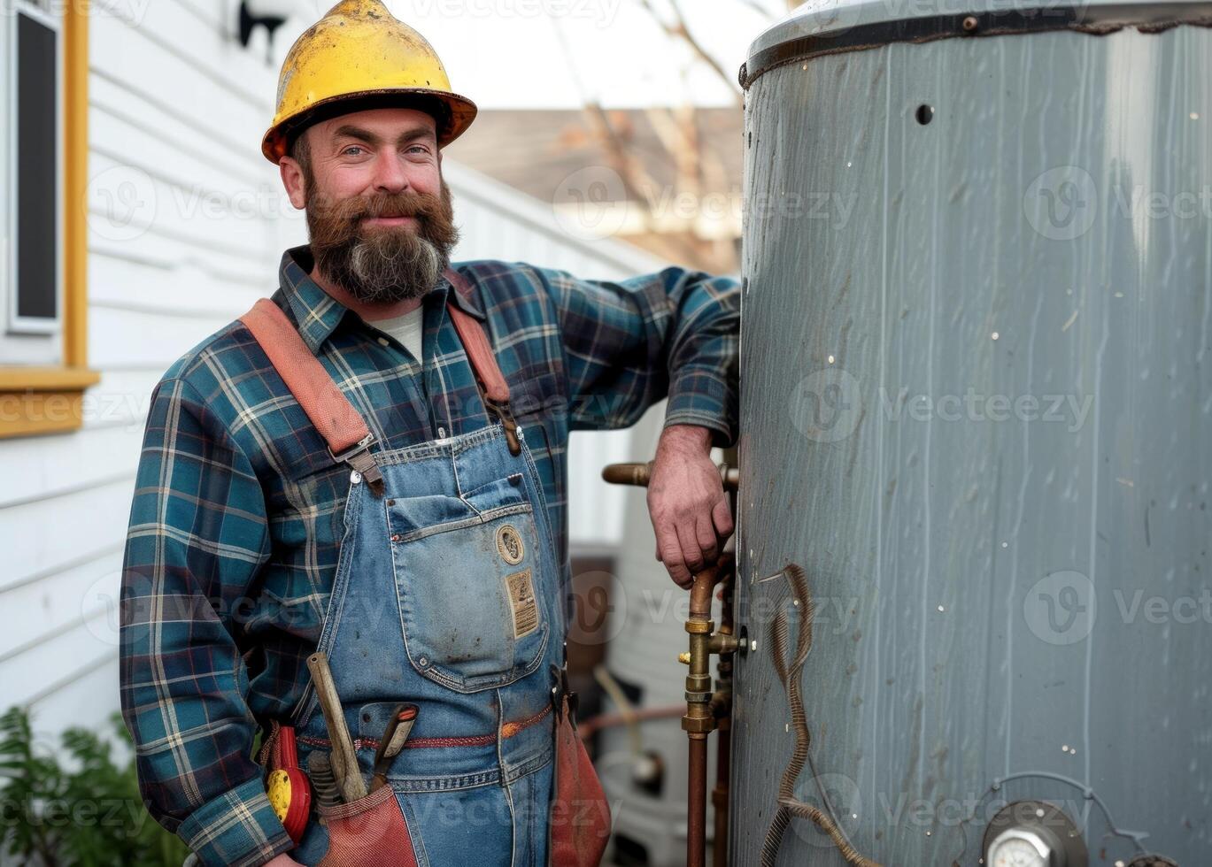 AI generated Plumber stands by water heater, plumbing inspection photo