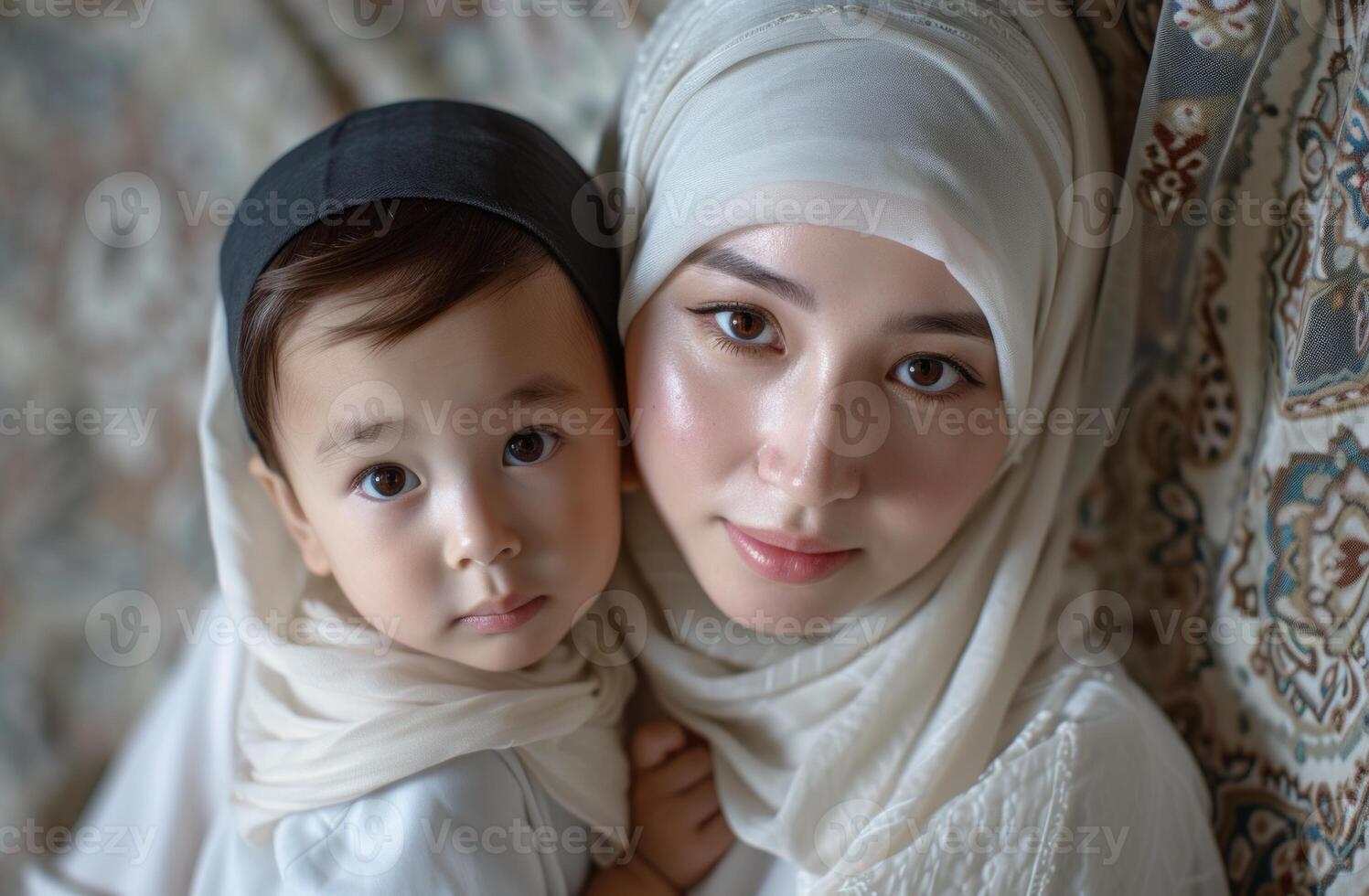 AI generated A muslim mother and her little boy posing for a photo, muslim family moments image photo