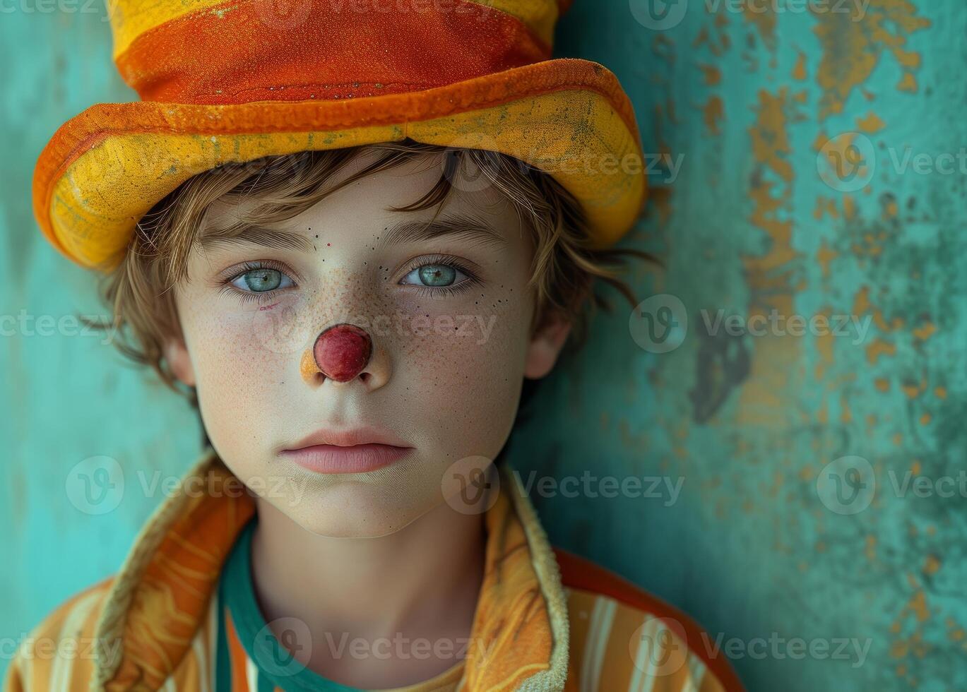 AI generated Young boy joyfully dressed as a clown, funny costumes and disguises picture photo