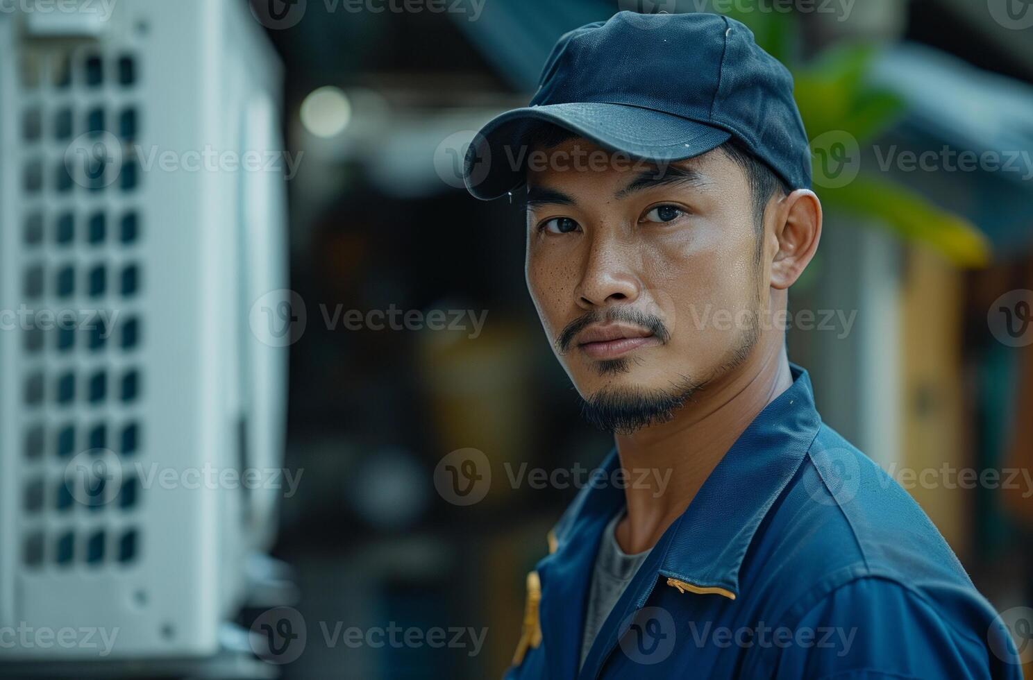 AI generated A professional air conditioning engineer dressed in a blue uniform, interior room inspections picture photo