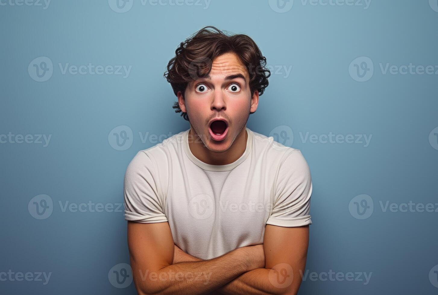 AI generated Man with surprised look posing for camera on blue background, people laughing picture photo
