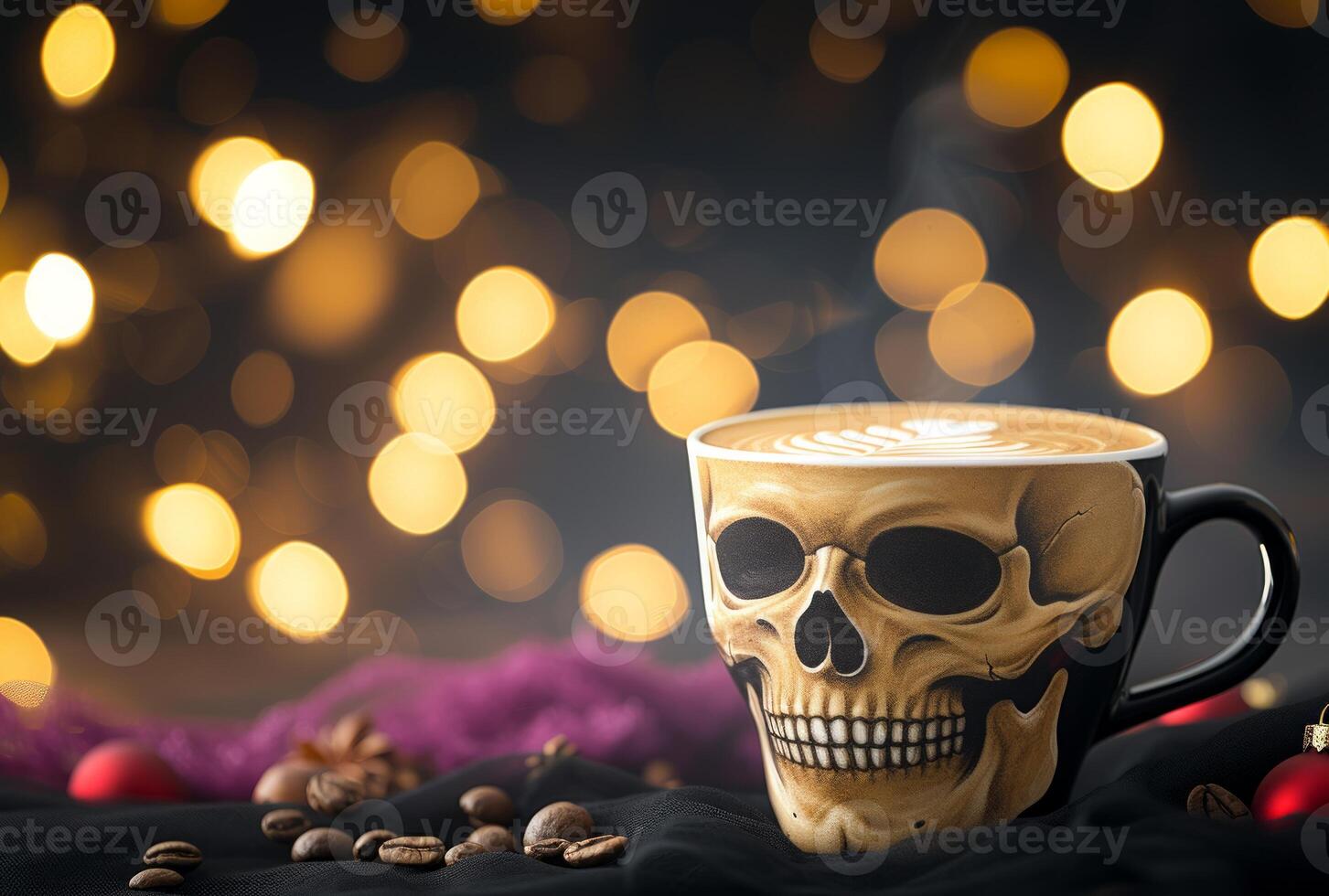 AI generated Coffee cup with skeleton face quirky and fun, food and drink pranks picture photo