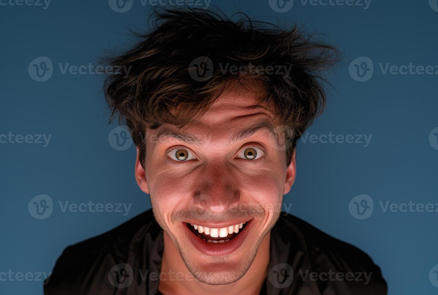 AI generated Smiling man with excited face over blue background, people laughing photo