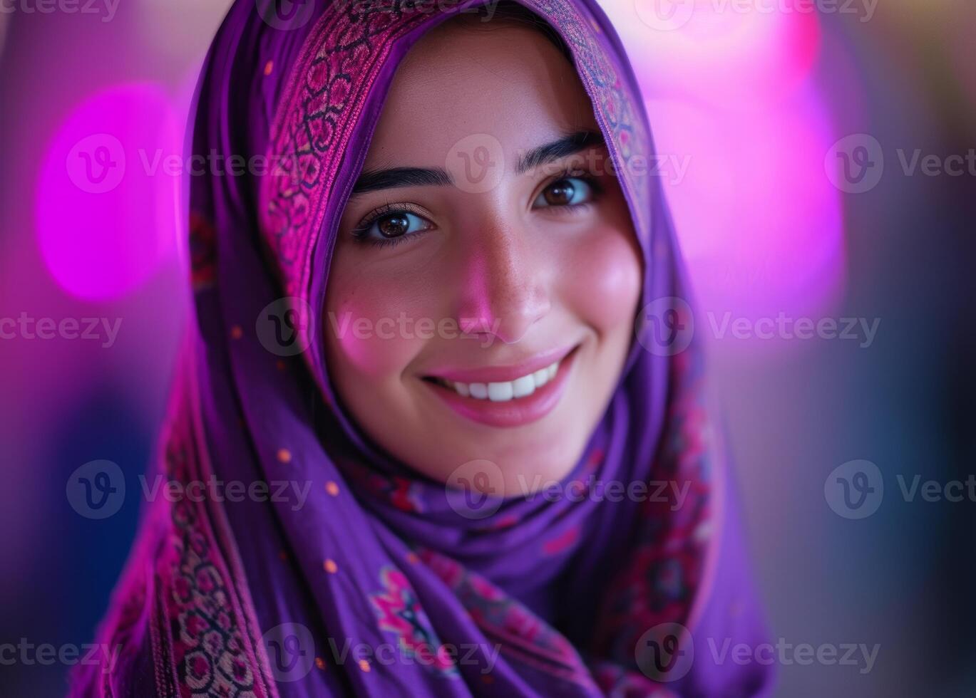 AI generated Beautiful muslim woman smiling wearing a scarf, islamic traditional clothing picture photo