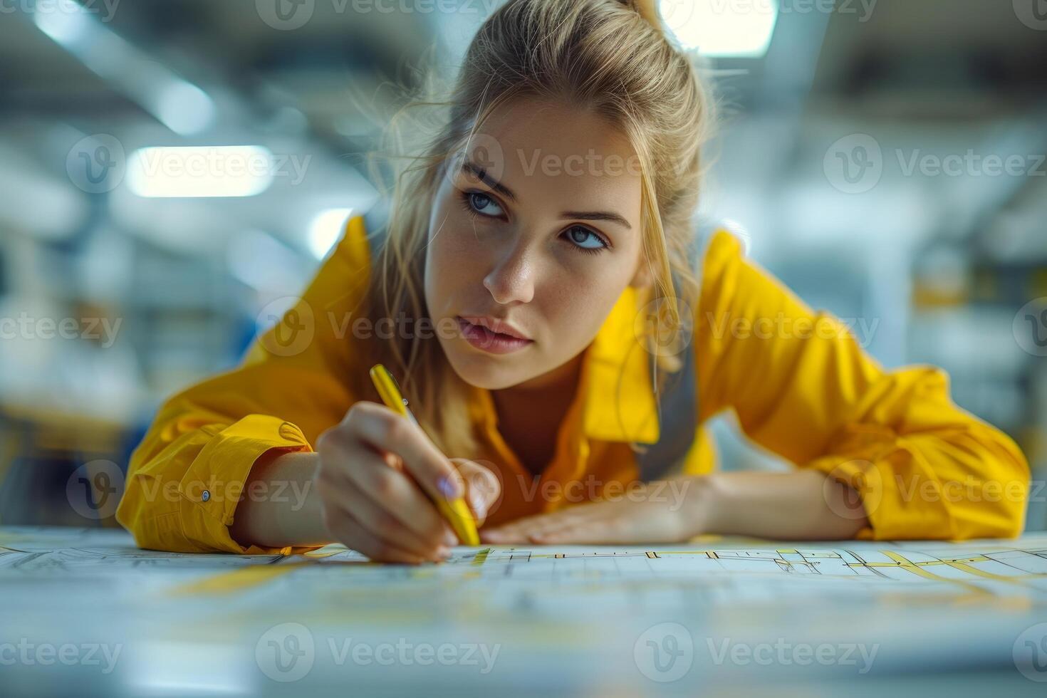 AI generated Female architect working on architectural plan, home inspector at work photo