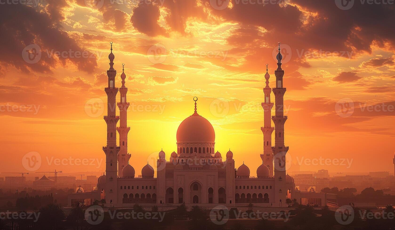 ai generado majestuoso mezquita en contra puesta de sol fondo, mezquita siluetas foto