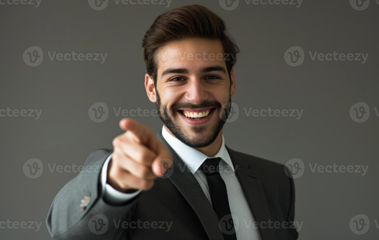 AI generated Smiling businessman pointing finger at the camera, brand launch photo