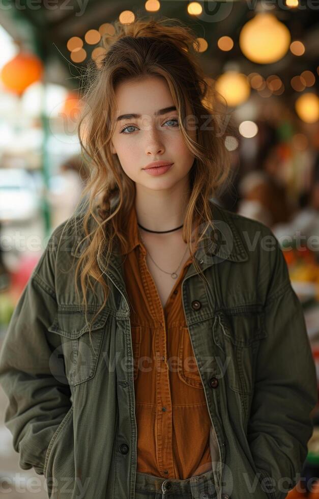 AI generated A young woman poses an american street market, american street markets photo