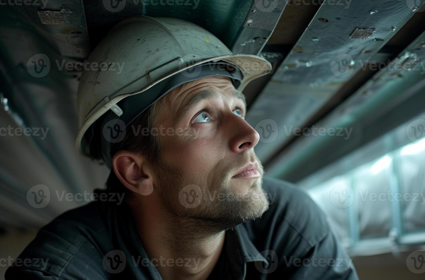 AI generated Worker wearing hard hat on ceiling job, ceiling inspection concept photo
