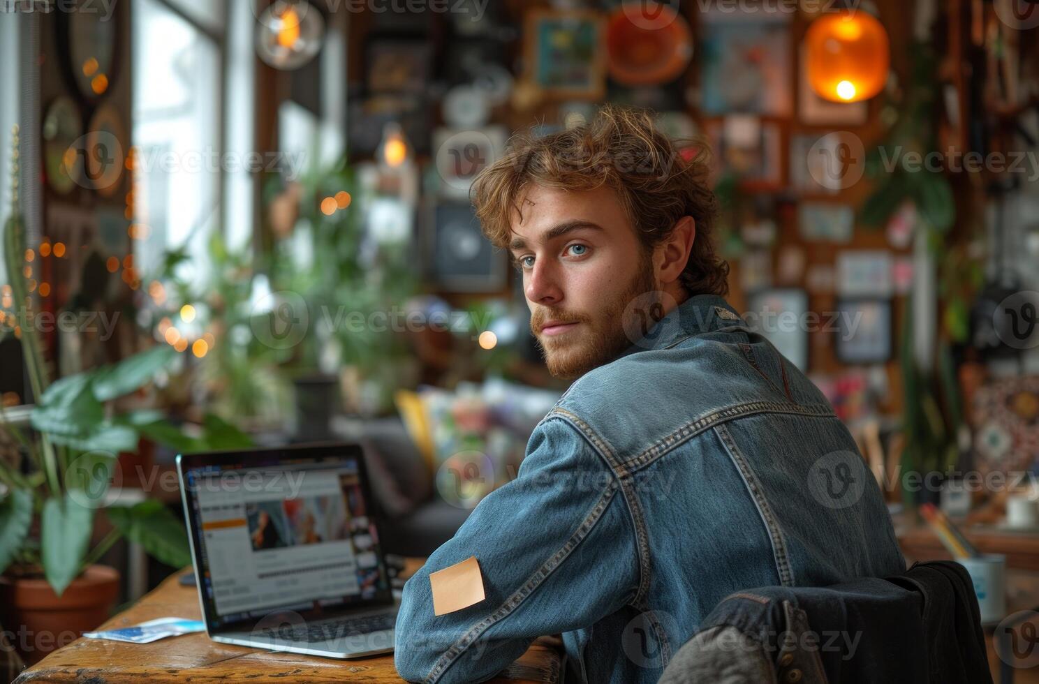 AI generated Man back laptop sticky note saying fools day, silly office pranks image photo