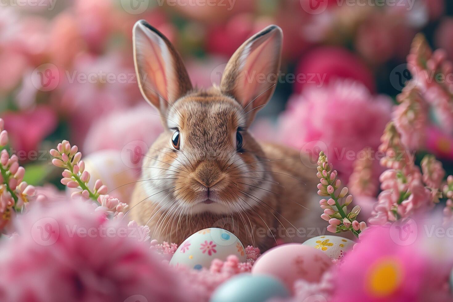 ai generado linda marrón conejito rodeado por vistoso Pascua de Resurrección huevos y primavera flores foto