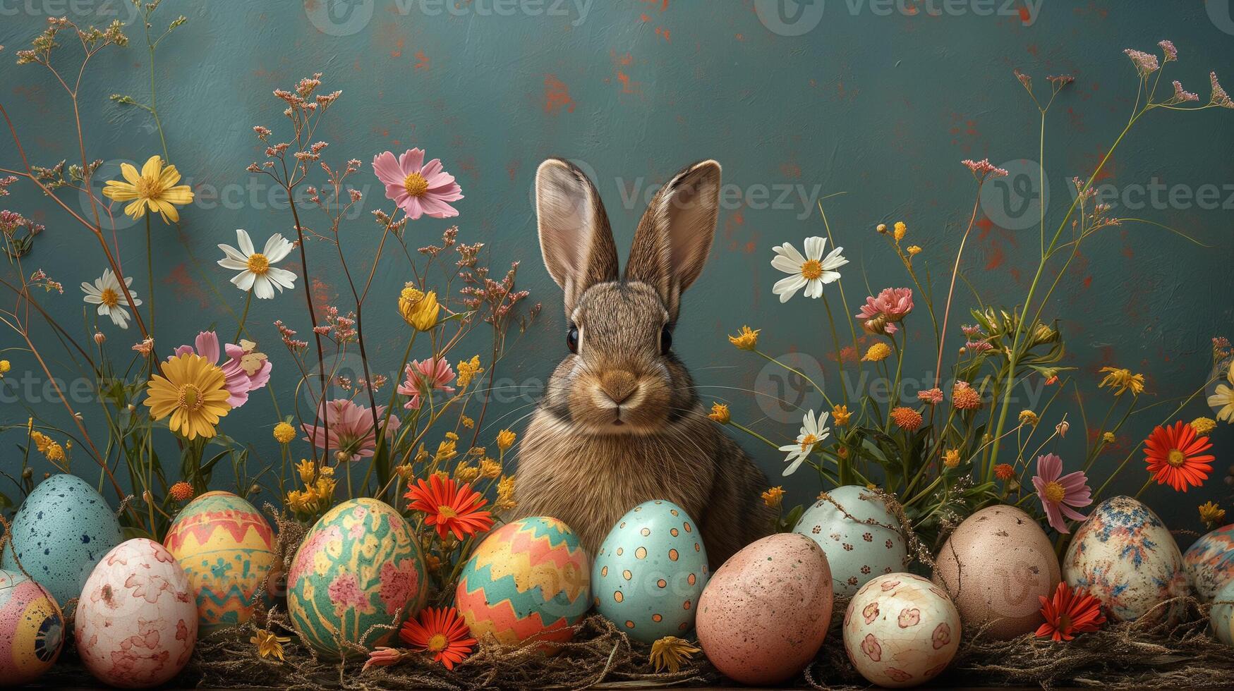 AI generated Cute brown bunny surrounded by colorful easter eggs and spring flowers photo