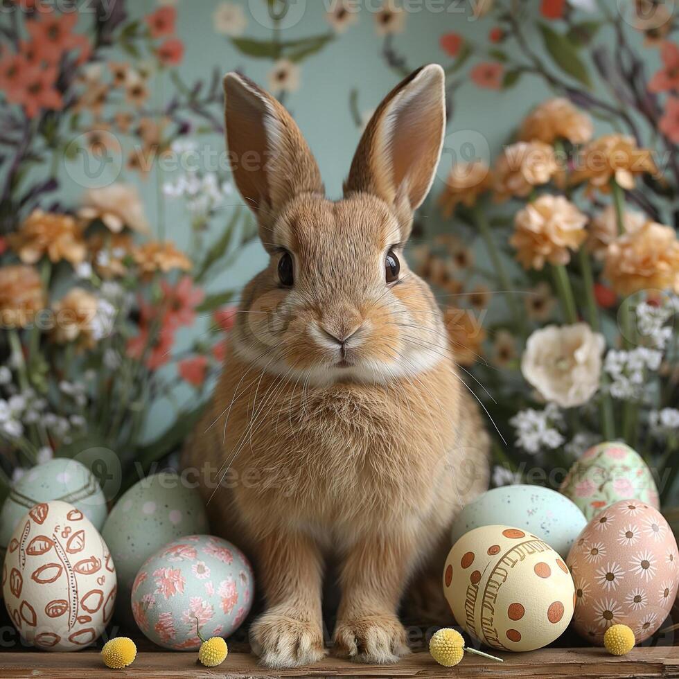 AI generated Cute brown bunny surrounded by colorful easter eggs and spring flowers photo