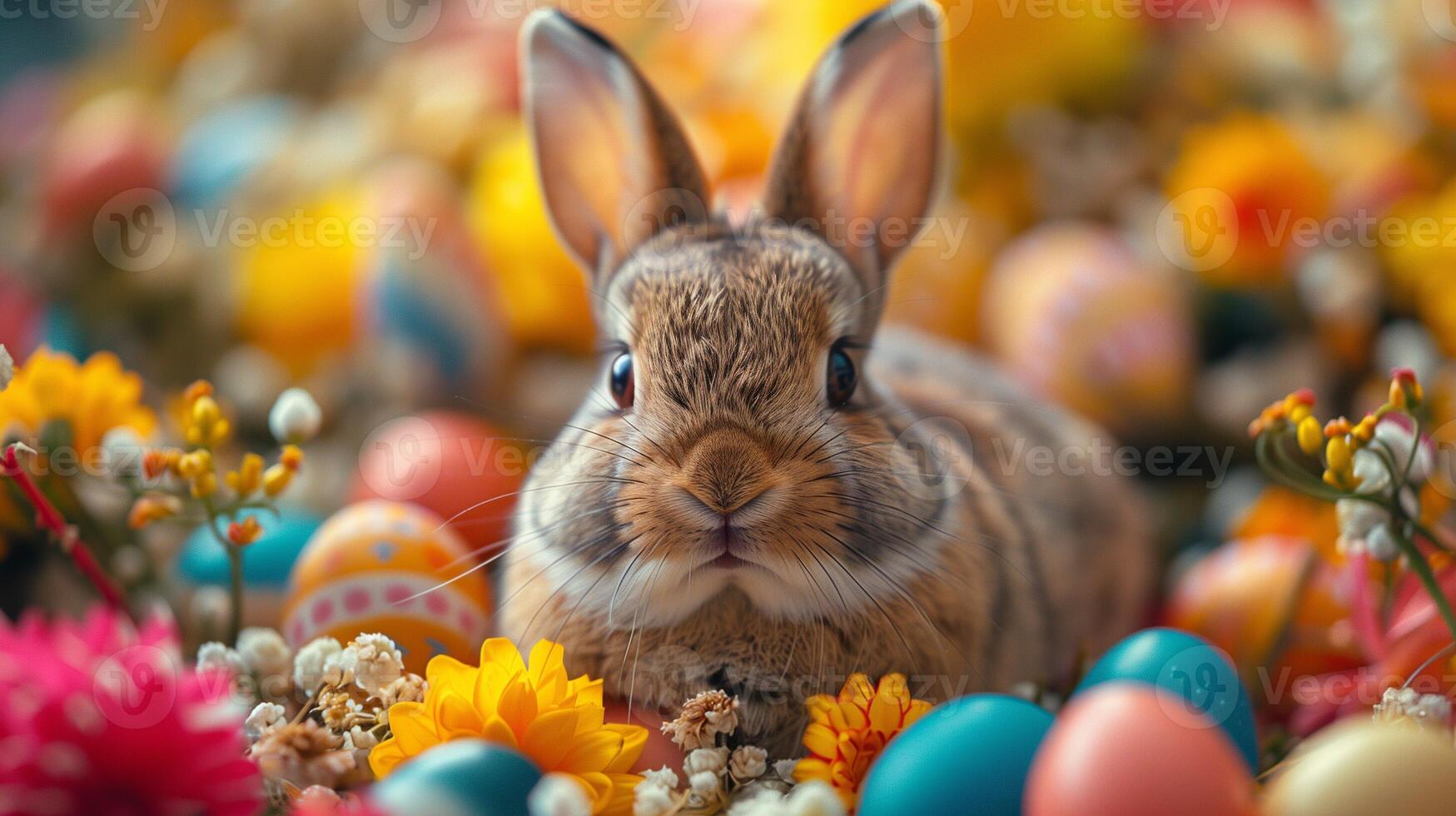 ai generado linda marrón conejito rodeado por vistoso Pascua de Resurrección huevos y primavera flores foto