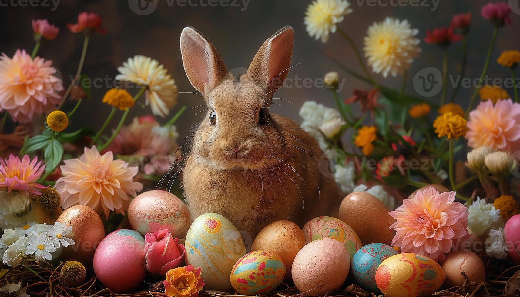 ai generado linda marrón conejito rodeado por vistoso Pascua de Resurrección huevos y primavera flores foto