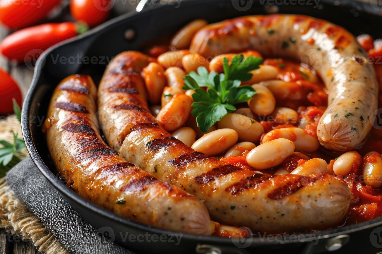 AI generated Grilled sausages with baked white beans in tomato sauce in frying pan photo