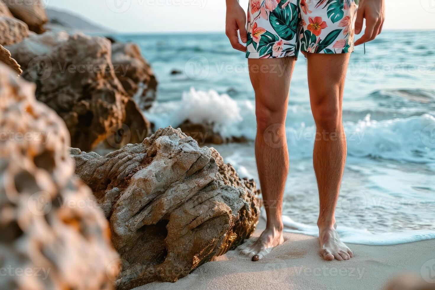 AI generated Man in swimming shorts on the beach photo