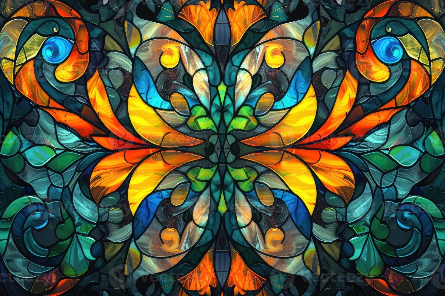 AI generated Colorful stained glass window abstract stained glass background art nouveau decoration for interior vintage pattern photo