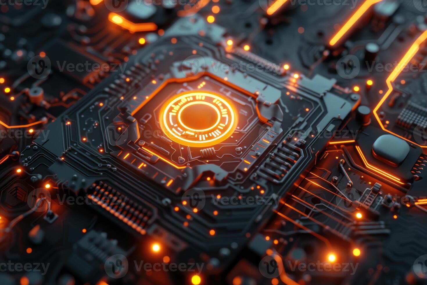 AI generated Complex circuit board, illustrating the integration of artificial intelligence technology with electronic hardware. photo