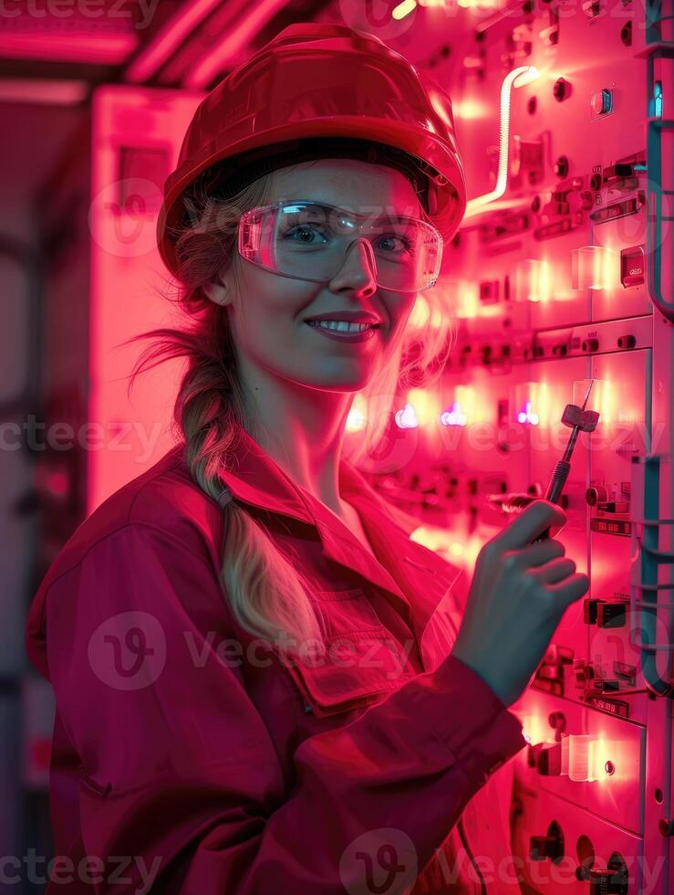 AI generated Young smiling electrical technician lady wearing red clothes and a helmet, standing in front of a switchboard. photo