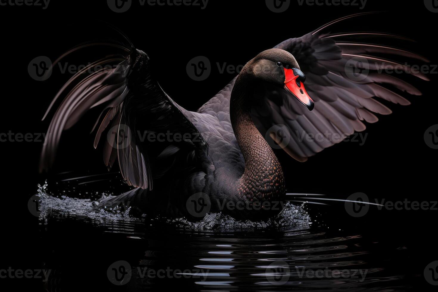 AI generated Black swan on black background. Beautiful west australian black swan. photo