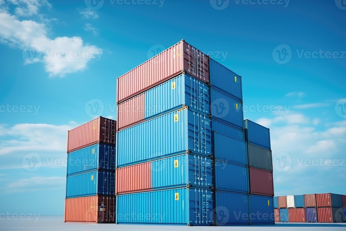 AI generated Stack of blue container boxes with sky background. Cargo freight shipping for import and export logistics photo
