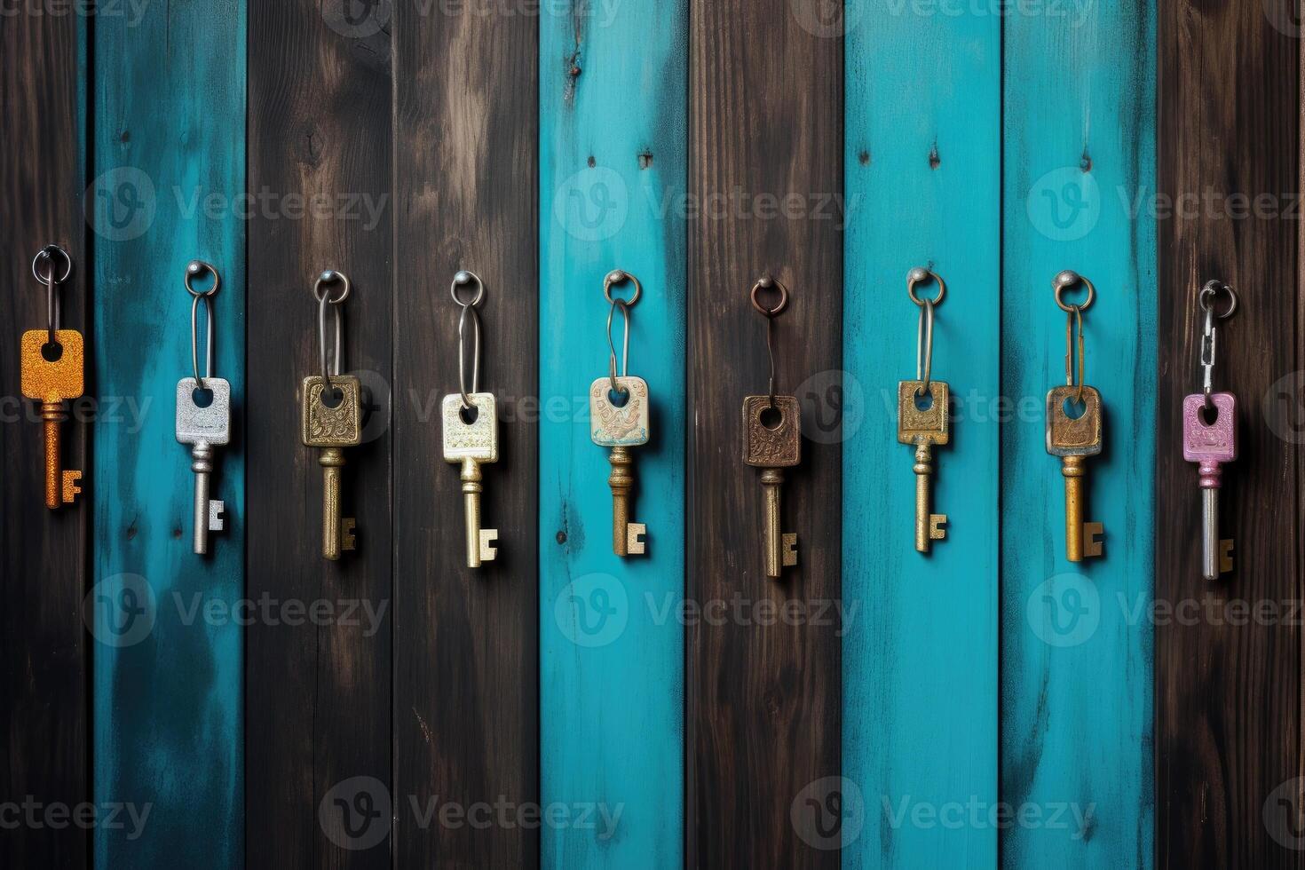AI generated Hanging set of keys on wooden background photo