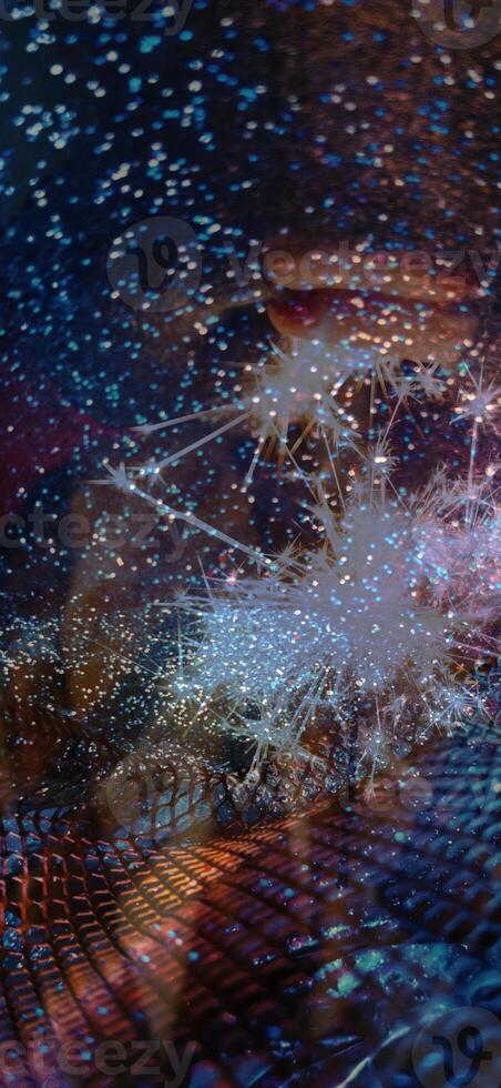 Abstract background pattern, presentation cover illustration, geometric texture with sparkles and fireworks close view photo
