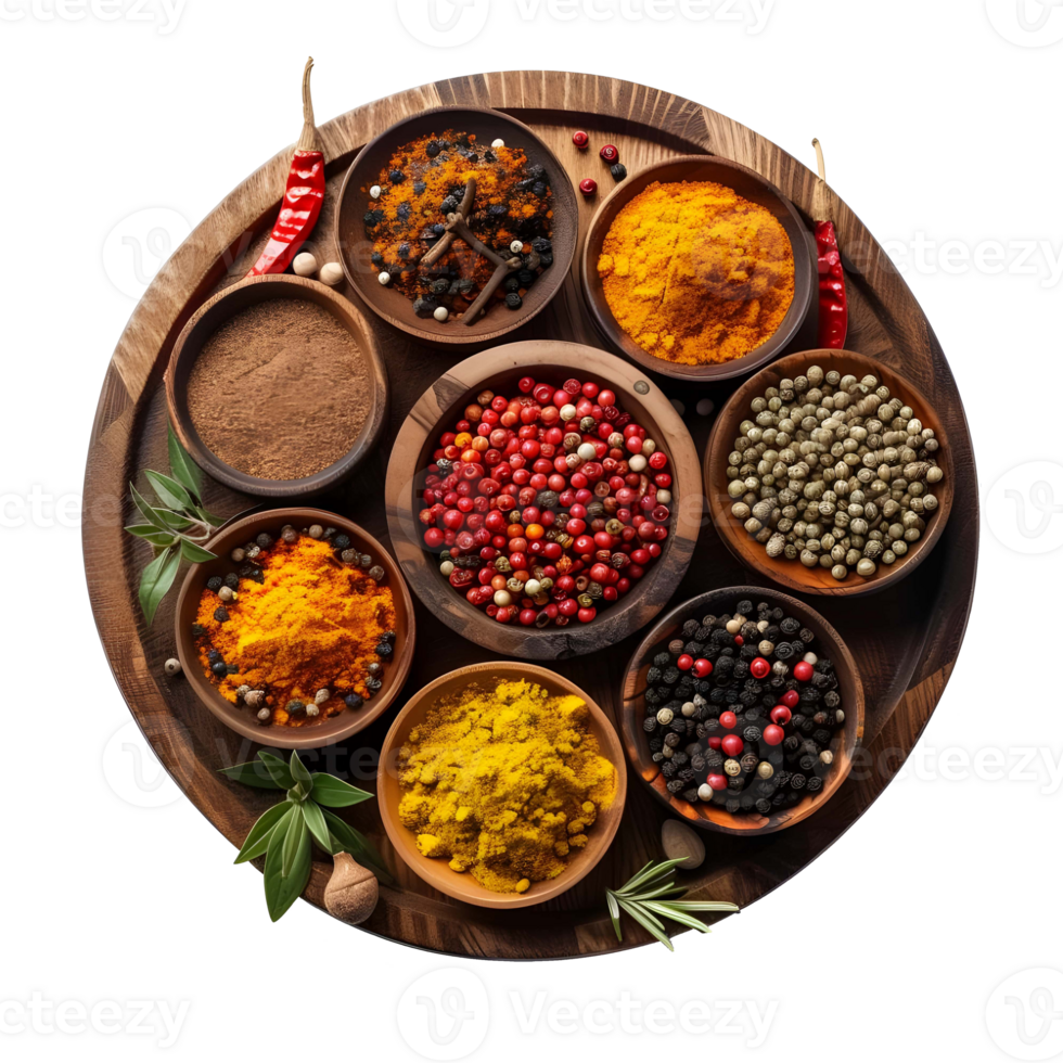 AI generated Different Kinds of Spices on Wooden Circle Shape on Transparent background - Ai Generated png