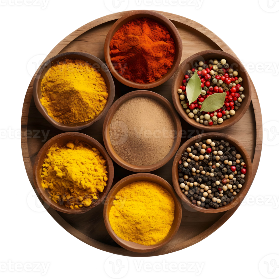 AI generated Different Kinds of Spices on Wooden Circle Shape on Transparent background - Ai Generated png