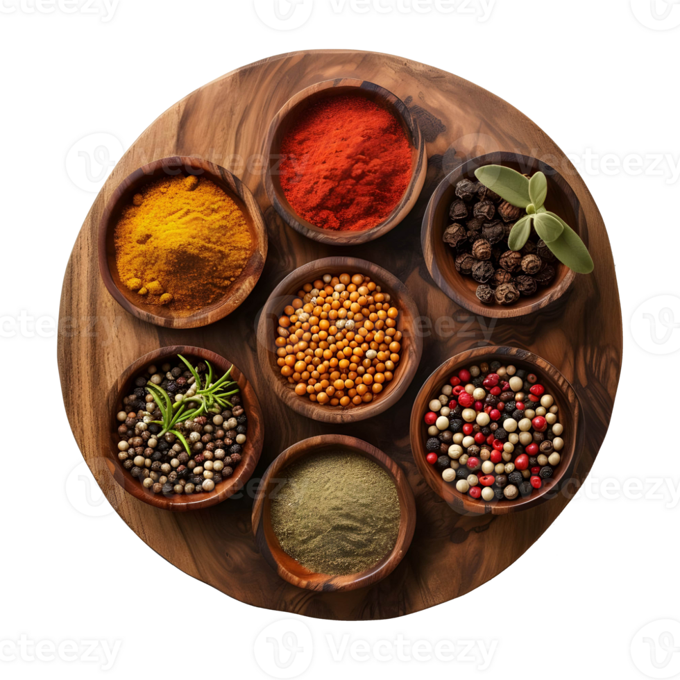 AI generated Different Kinds of Spices on Wooden Circle Shape on Transparent background - Ai Generated png
