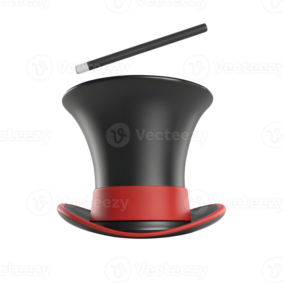 AI generated 3D Rendering Magician Hat With Red Ribbon And Magic Wand png