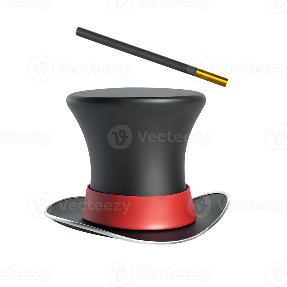 AI generated 3D Rendering Magician Hat With Red Ribbon And Magic Wand png