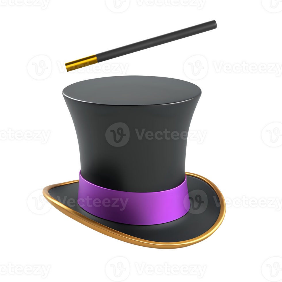 AI generated 3D Rendering Magician Hat With Purple Ribbon And Magic Wand png