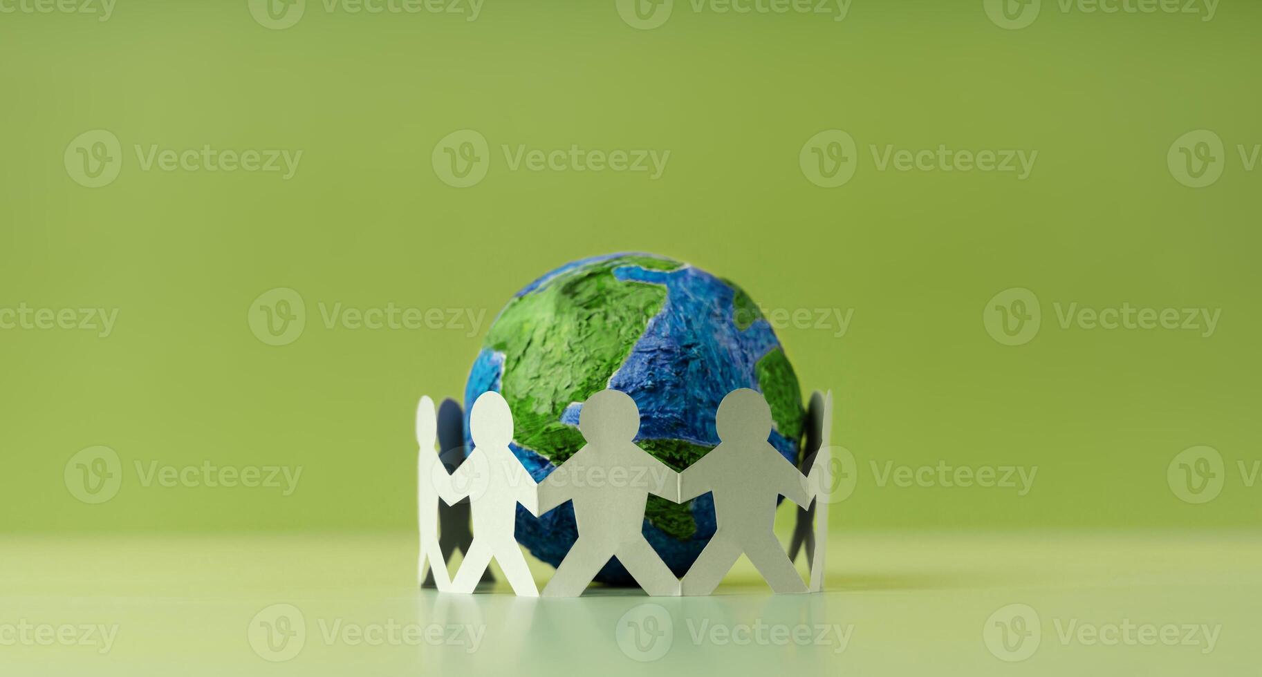 World Earth Day Concept. Green Energy, ESG, Renewable and Sustainable Resources. Environmental Care. Paper Cut as Group of People  Embracing a Green Globe. Protecting Planet Together. Top View photo